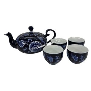 Pier 1 Cobalt Blue Mandarin Floral Tea Set - Tea Pot and 4 Cups